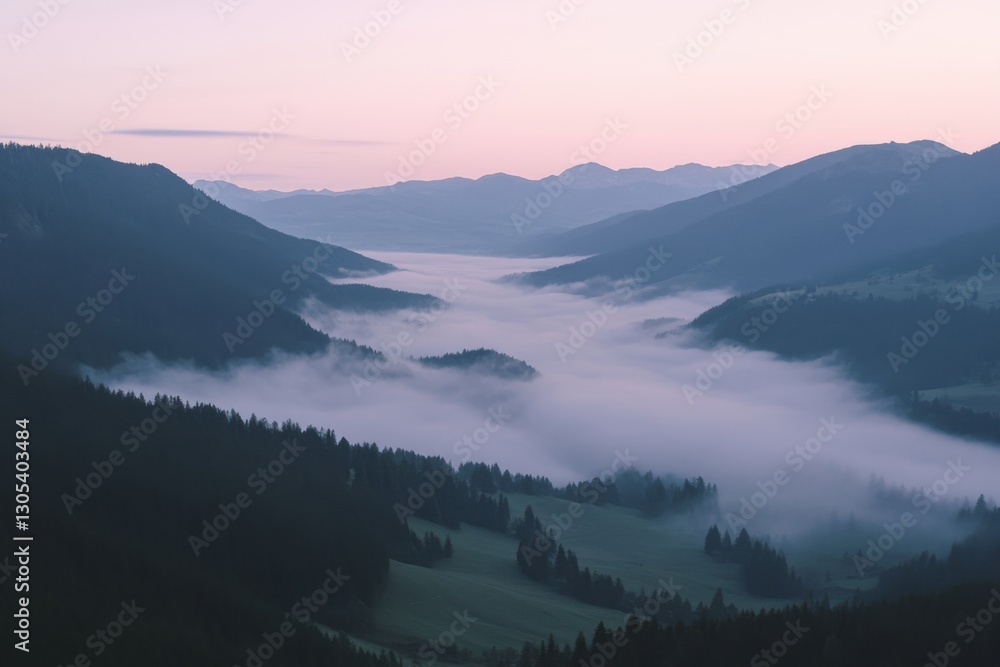 Fototapeta premium Beautiful, misty valley with forests and mountains at dawn in the Alps, a natural landscape