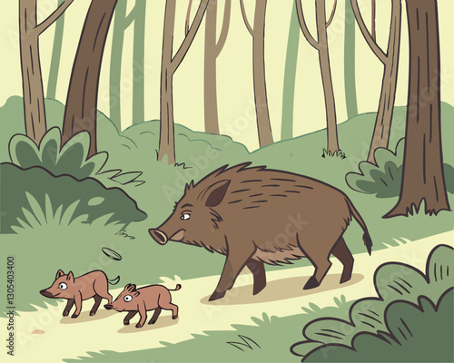 A family of wild boars walking through the forest.