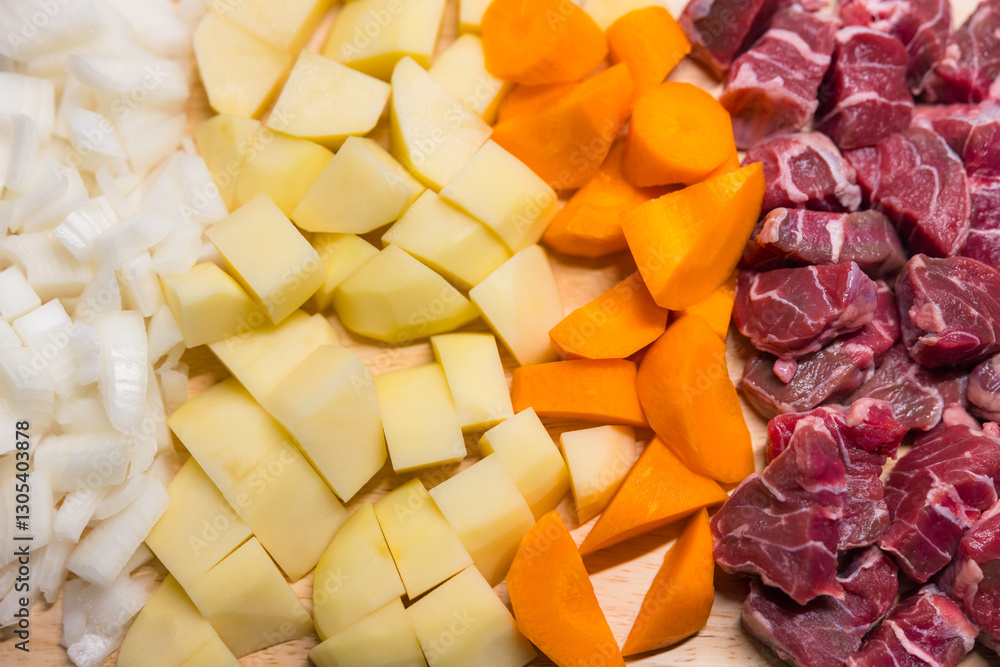 Chopped vegetables and beef on wooden board