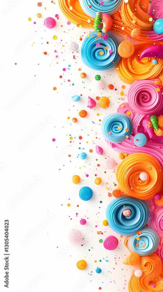 Candies swirling colorful background with sprinkles scattered on a white surface Candies swirling colorful background with sprinkles scattered on a white surface