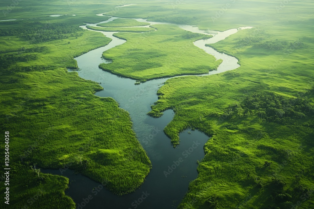 Lush green wetlands with winding rivers and serene landscapes during golden hour Lush green wetlands with winding rivers and serene landscapes during golden hour