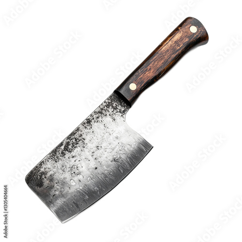 Vintage style kitchen cleaver with wooden handle showcasing unique blade texture and craftsmanship, perfect for culinary arts or food preparation projects