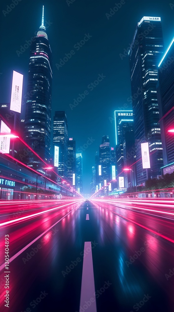 Fototapeta premium City skyline illuminated at night with vibrant lights and moving traffic. Abstract background