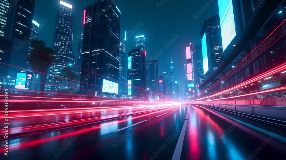 City skyline illuminated at night with vibrant lights and moving traffic. Abstract background City skyline illuminated at night with vibrant lights and moving traffic. Abstract background