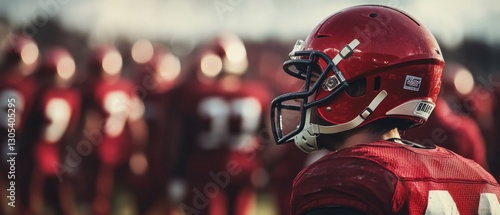 An American football player in red gear waits tensely on the sideline, capturing the anticipation and energy of the competitive field.