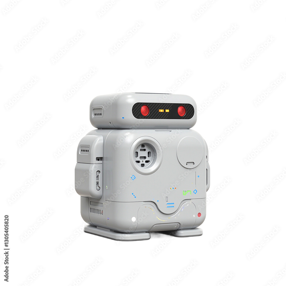 Fototapeta premium Futuristic miniature robot with sleek rounded edges and glowing lights on a white backdrop showcasing its modern and compact features