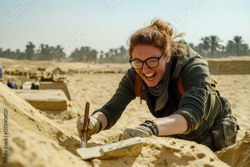 An archaeologist uncovering ancient artifacts in a dig site, excitement.