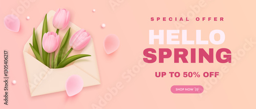 Hello spring sale banner design template with realistic 3d tulips and envelope on pink background. Discount sopping background. Special offer. Vector illustration