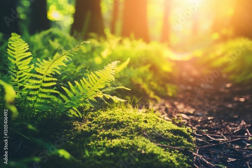 Ferns and moss on a forest trail, a natural background. Green fern plants growing on the ground of an old mountain path photo