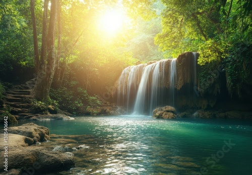 Serene Waterfall Amidst Lush Green Jungle Setting with Sunlight Glimmering on Tranquil Pool in Nature's Oasis