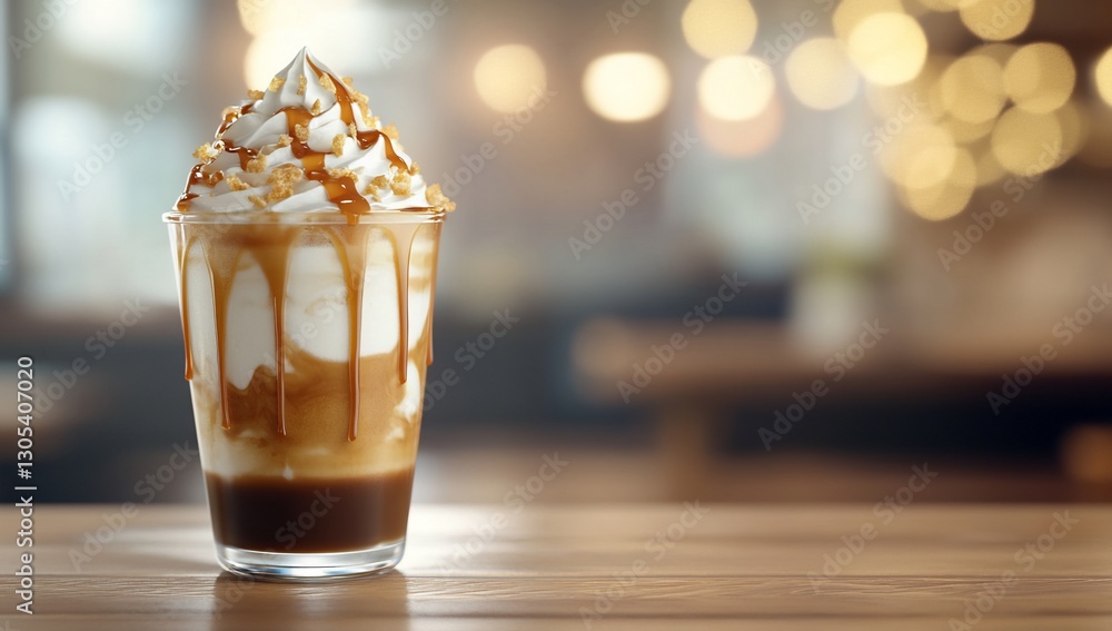 Caramel whipped cream iced coffee in cafe Caramel whipped cream iced coffee in cafe