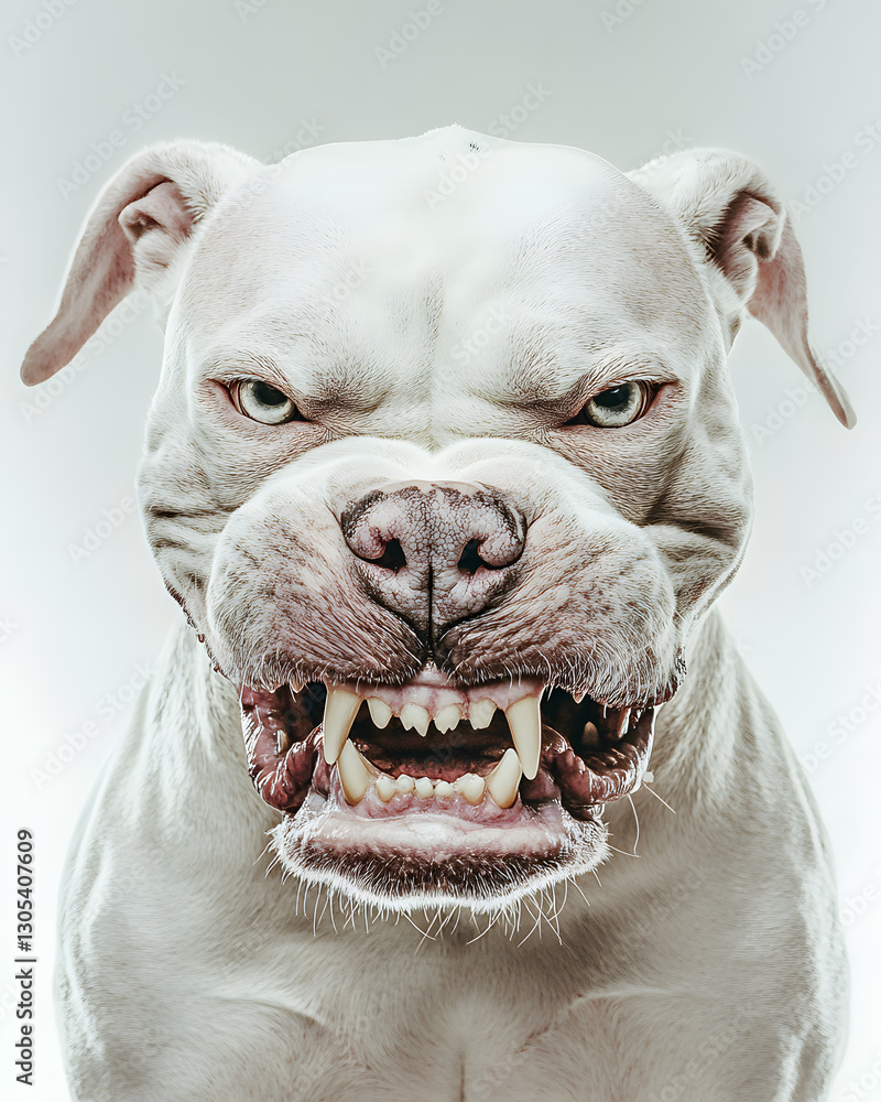 Portrait of powerful angry white Pitbull dog showing teeth isolated on white. Aggressive pit bull terrier type dog snarling at the camera with sharp teeth
Portrait of powerful angry white Pitbull dog showing teeth isolated on white. Aggressive pit bull terrier type dog snarling at the camera with sharp teeth
