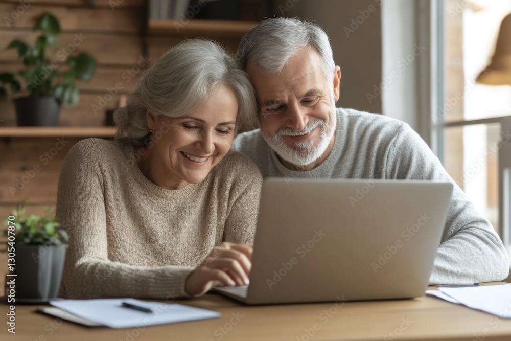 A smiling middle-aged business woman and man sitting at a desk in a modern office, using a laptop A smiling middle-aged business woman and man sitting at a desk in a modern office, using a laptop