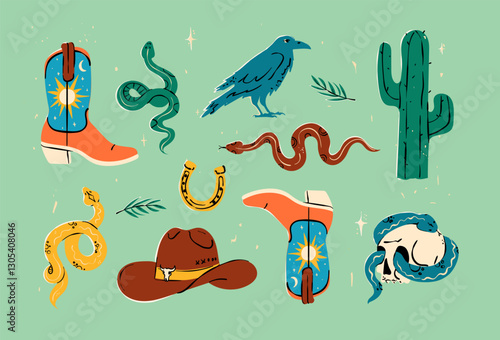 Wild West and Cowboy concept. Vector set of the various objects and design elements, boots, cactus, snake, hat, camper in hand drawn colored style