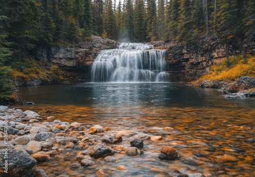 Serene Waterfall Cascading Down Rocky Cliff Surrounded by Lush Green Forest and Tranquil Crystal Clear Pool in Autumn Colors