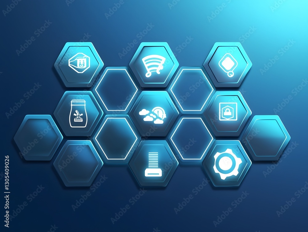 Futuristic Digital Interface with Glowing Hexagonal Icons and Symbols Futuristic Digital Interface with Glowing Hexagonal Icons and Symbols