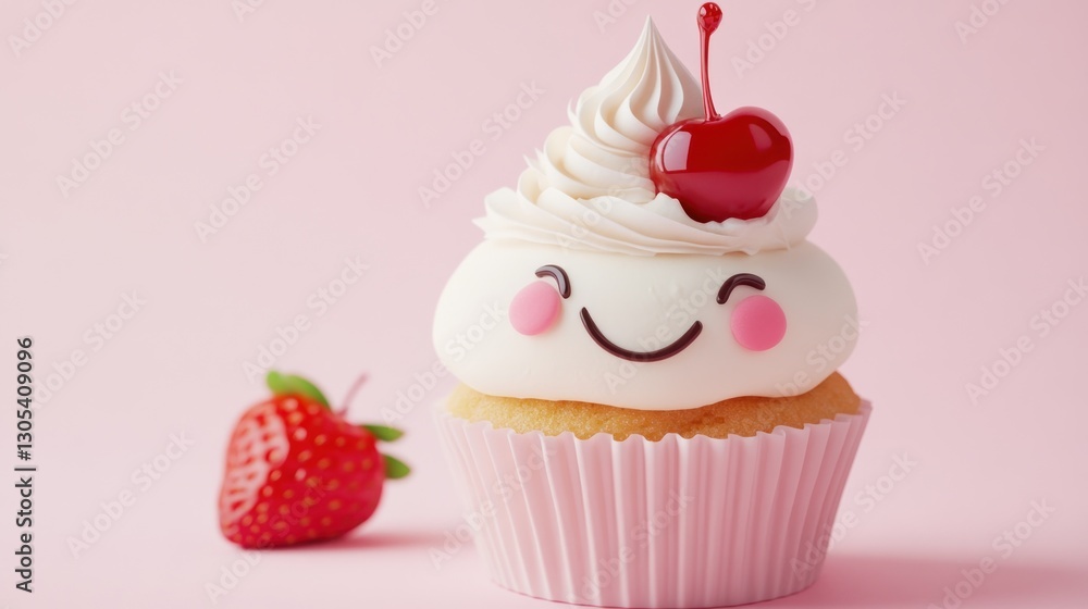 Cute cupcake with cherry and smile on pink background (1) Cute cupcake with cherry and smile on pink background (1)