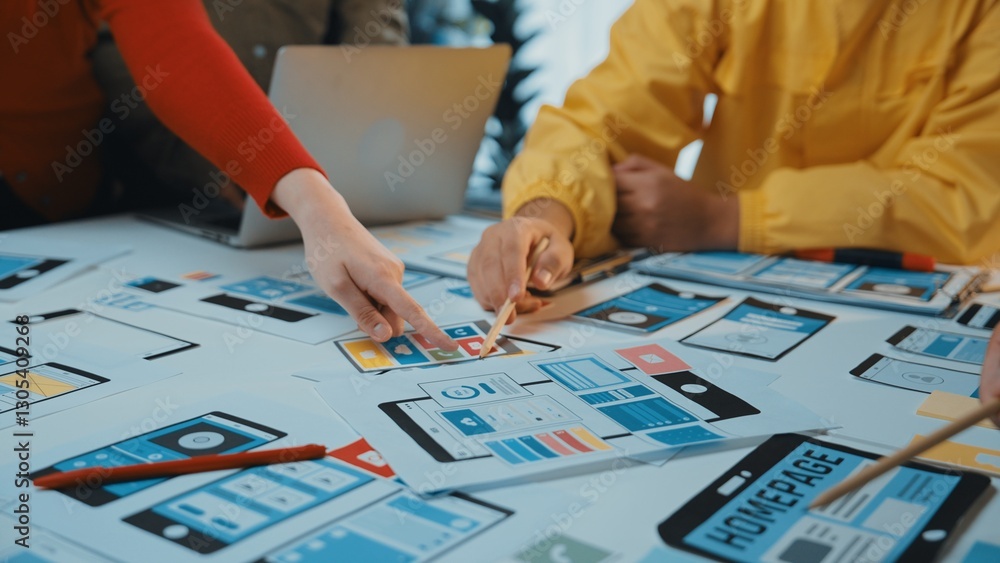 Obraz premium Close-up of a collaborative workspace featuring hands selecting user interface mockups from a table. Laptops and digital tools create an engaging environment for creative professionals. SACTR