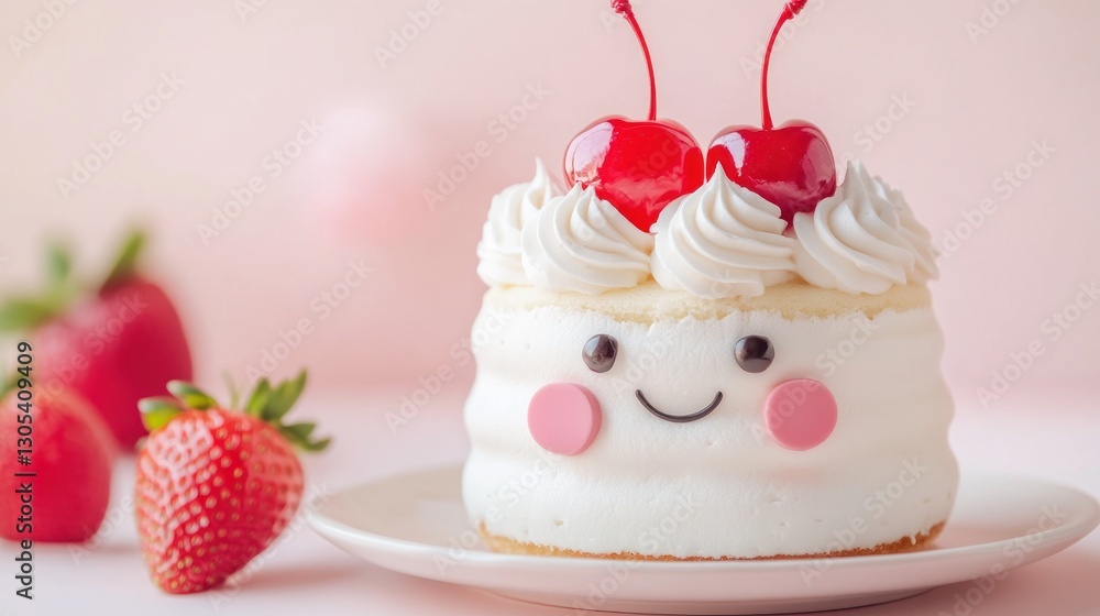 Cute cherry cake with whipped cream on pink background