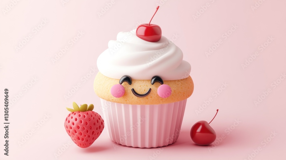 Cute cupcake with cherry and strawberry on pink background (2) Cute cupcake with cherry and strawberry on pink background (2)