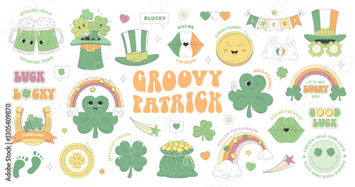 St. Patrick's Day stickers. Clover, leprechaun hat, Irish beer, horseshoe, gold coin, rainbow, sack of gold. Sticker pack of characters and elements in groovy retro style.