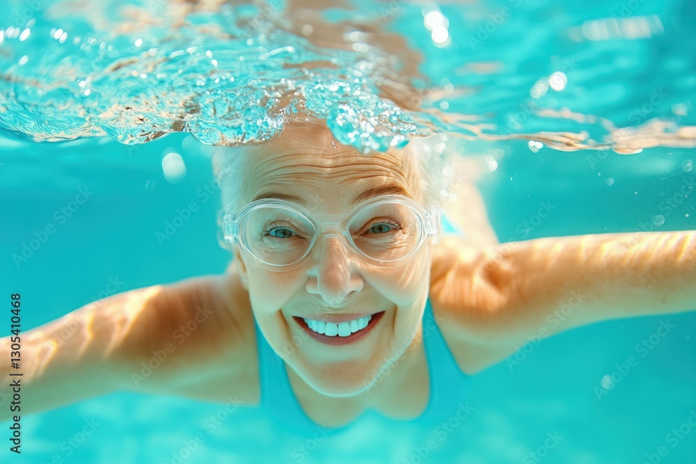 Fototapeta premium Elderly woman joyfully swims in a sunny pool, embracing her vibrant spirit in an unforgettable moment of happiness