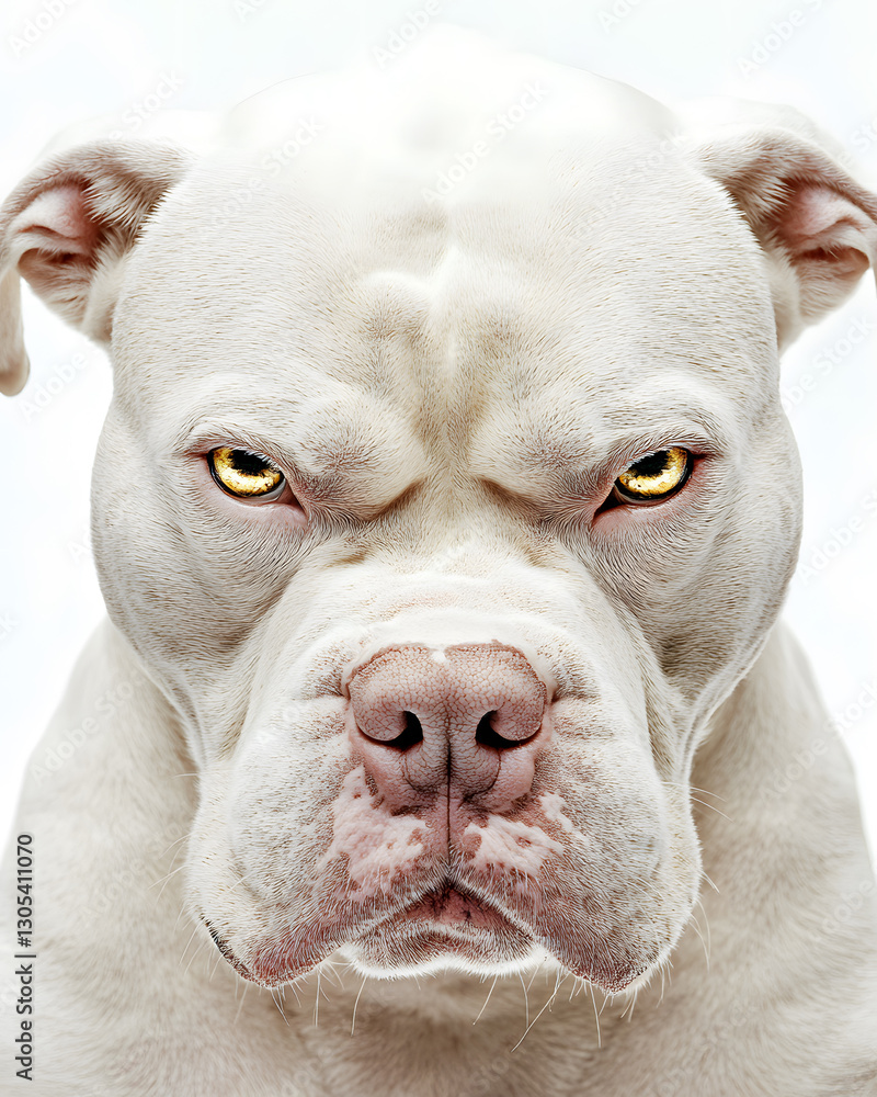 Close-up portrait of a white Pitbull dog against white color background Close-up portrait of a white Pitbull dog against white color background