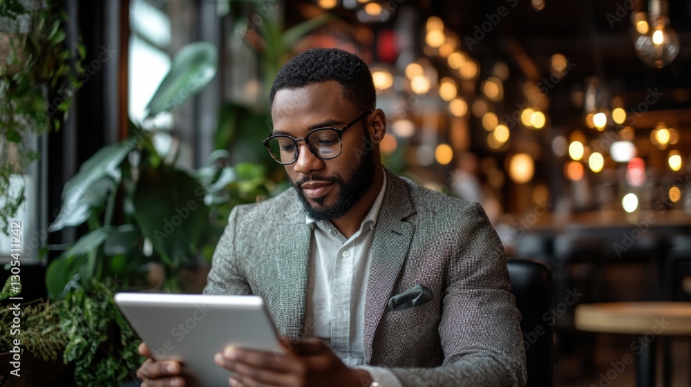 Man in jacket sits and looks at tablet. Plants and lights are in background. Indoor setting. He is using the screen. Man in jacket sits and looks at tablet. Plants and lights are in background. Indoor setting. He is using the screen.