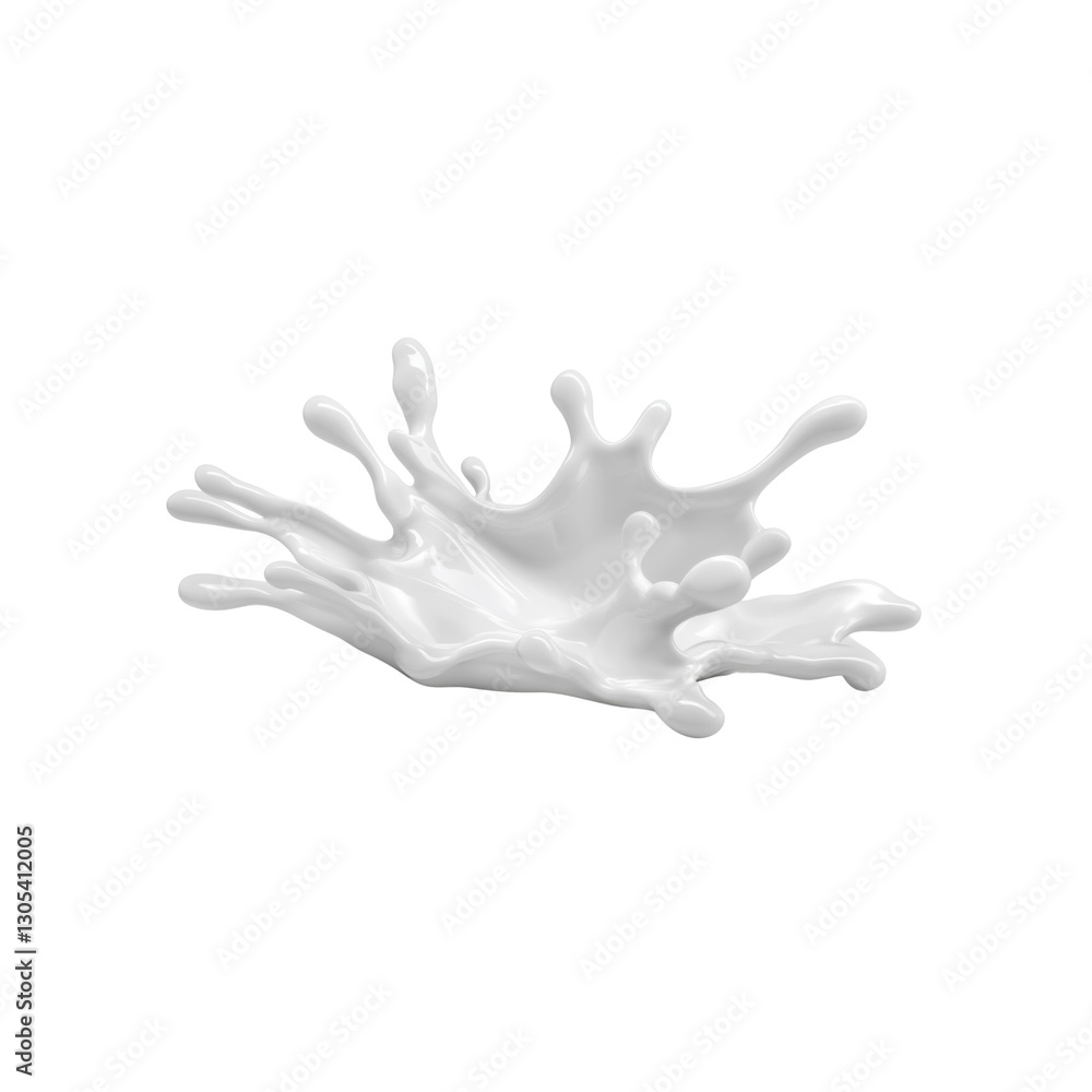 Obraz premium A splash of milk appears against a white background, emphasizing its fluid motion and intricate details. The droplets create an appealing visual effect.