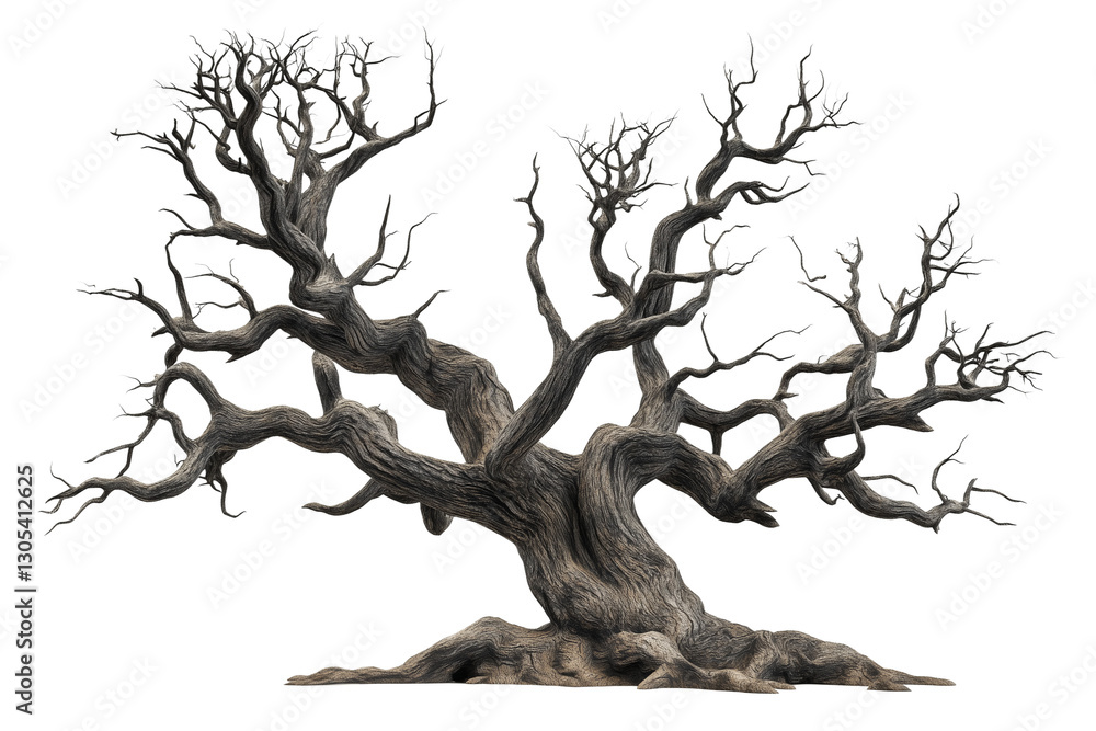 Obraz premium Dark Silhouette of a Twisted Bare Tree with Gnarled Branches Isolated on Transparent Background