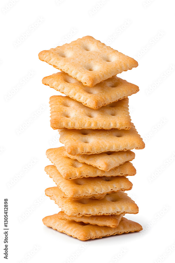 Stacked pile of crispy saltine crackers, isolated on white background Stacked pile of crispy saltine crackers, isolated on white background