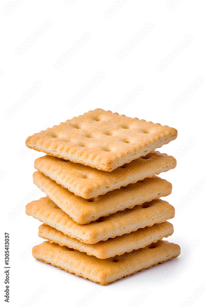 Stacked pile of crispy saltine crackers, isolated on white background Stacked pile of crispy saltine crackers, isolated on white background