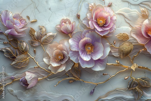 Delicate floral design features intricate petals and vines, beautifully highlighted by soft, diffused lighting
