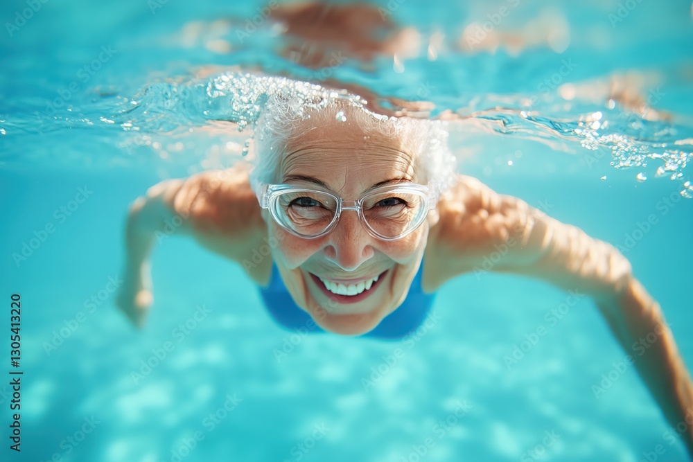 Fototapeta premium Elderly woman enjoying a joyful swim in a pool during a sunny day with vibrant water views