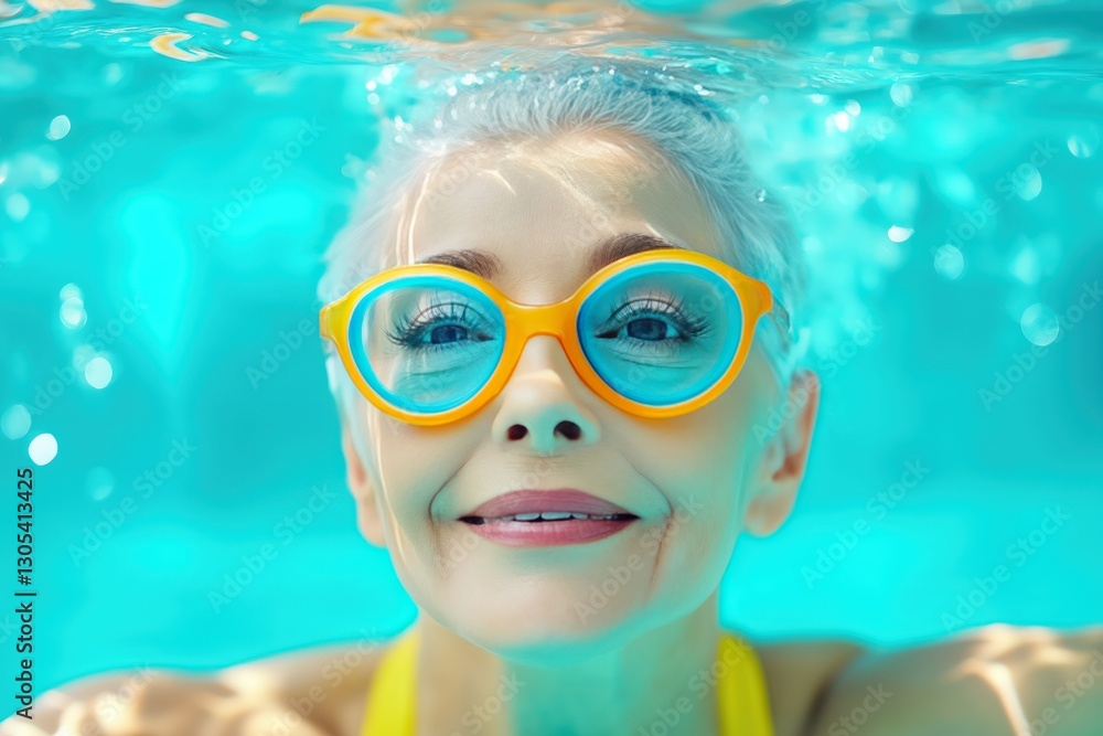 Naklejka premium Joyful moments in the pool as an elderly woman embraces swimming in vibrant swimsuits, celebrating her youthful spirit at 70 years old