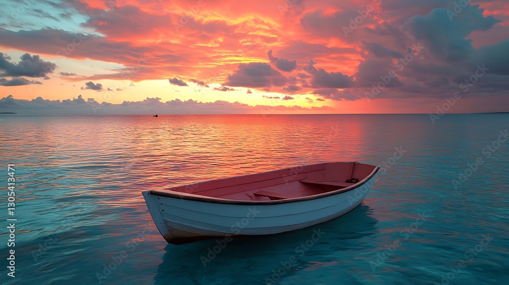 Small boat floating calmly in shallow water under colorful sunset sky Small boat floating calmly in shallow water under colorful sunset sky