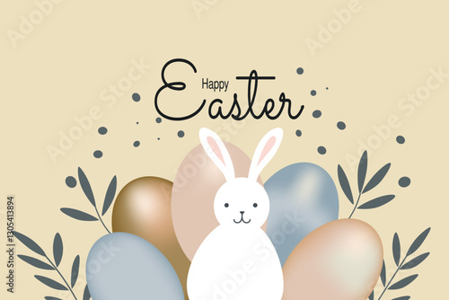 Banners with Easter greetings. The design is done in muted tones. Modern minimalist style with hand-drawn leaves, eggs and plants. Vector illustration
