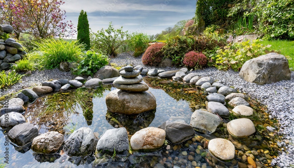 A serene Japanese-inspired garden with a small reflective pond, surrounded by stacked stones and lush greenery. A serene Japanese-inspired garden with a small reflective pond, surrounded by stacked stones and lush greenery.