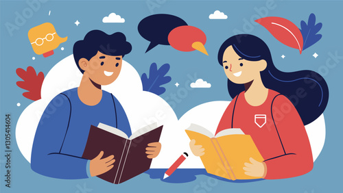 Two college students from different parts of Asia connect through their shared love for poetry exchanging handwritten verses and inspiring each others writing.. Vector illustration