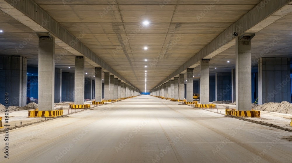 Modern underground parking structure showcasing concrete pillars, smooth surface, and lighting Modern underground parking structure showcasing concrete pillars, smooth surface, and lighting
