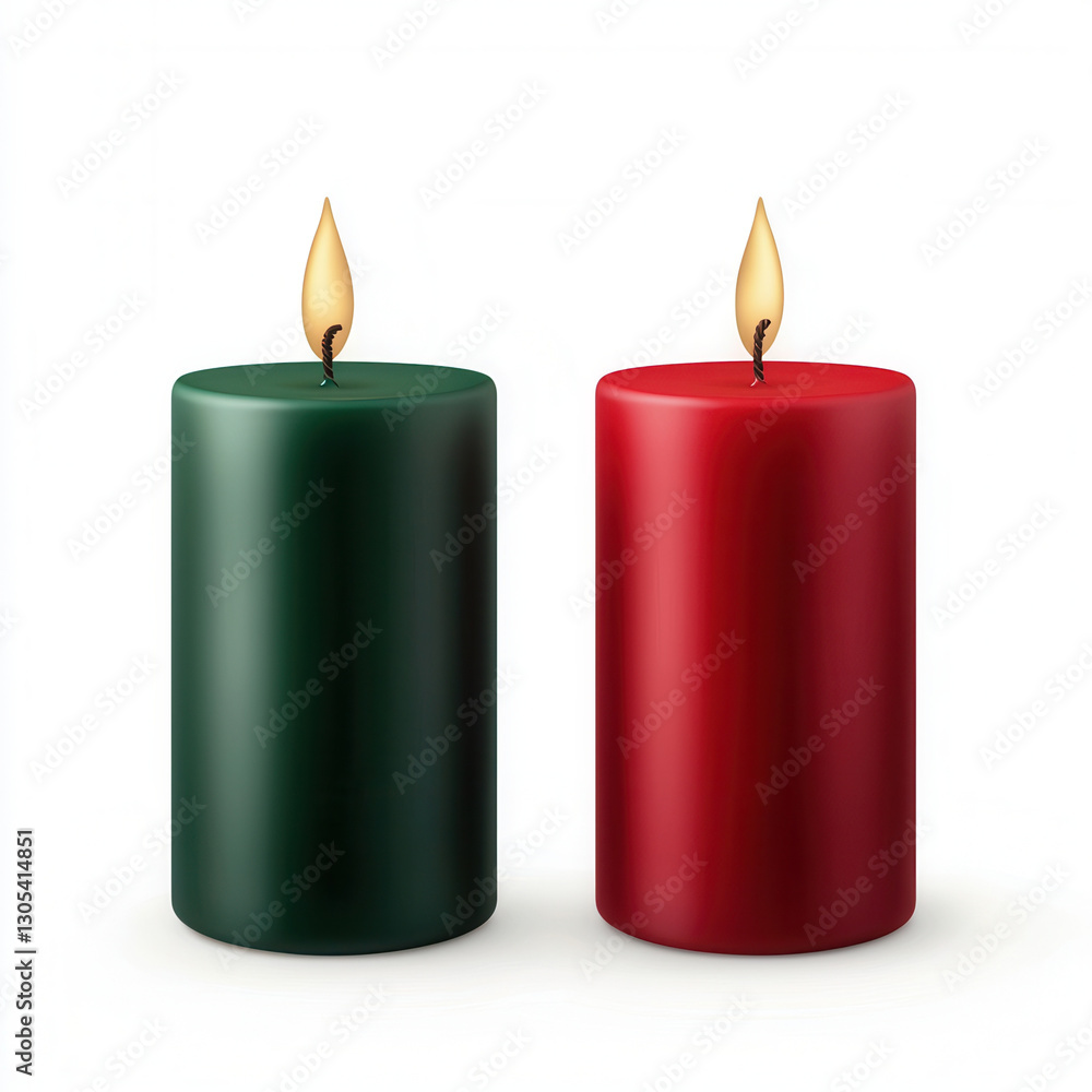 Festive green and red candles with flames, perfect for Christmas decoration, creating warm and inviting atmosphere during holiday season Festive green and red candles with flames, perfect for Christmas decoration, creating warm and inviting atmosphere during holiday season