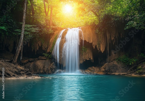 Serene Waterfall Cascading into Tranquil Pool Surrounded by Lush Green Forest with Bright Sunlight Filtering Through Treetops