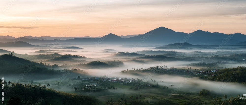 Fototapeta premium Mist drapes over a sprawling landscape at dawn, with layers of mountains under an awakening sky, promising a day of exploration.