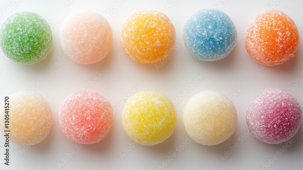 Fototapeta premium Colorful round jube candies aligned in parallel rows, presenting sweet multicolored arrangement against pristine white surface
