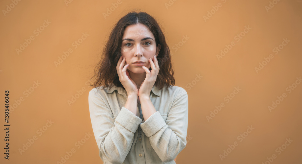 Thoughtful young caucasian woman posing against orange background Thoughtful young caucasian woman posing against orange background