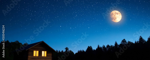 Wallpaper Mural Glowing moonlight illuminating wooden cabin windows against dark starry backdrop, radiating warmth and tranquil wilderness ambiance Torontodigital.ca