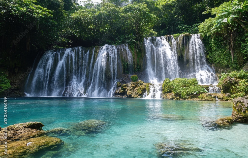 Fototapeta premium Serene Waterfall Cascading into Tranquil Pool Surrounded by Lush Greenery and Tropical Foliage Under Bright Blue Sky in Idyllic Nature Scene