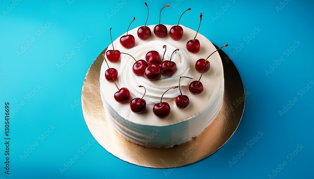 white cream cake with cherries on a light blue background in studio