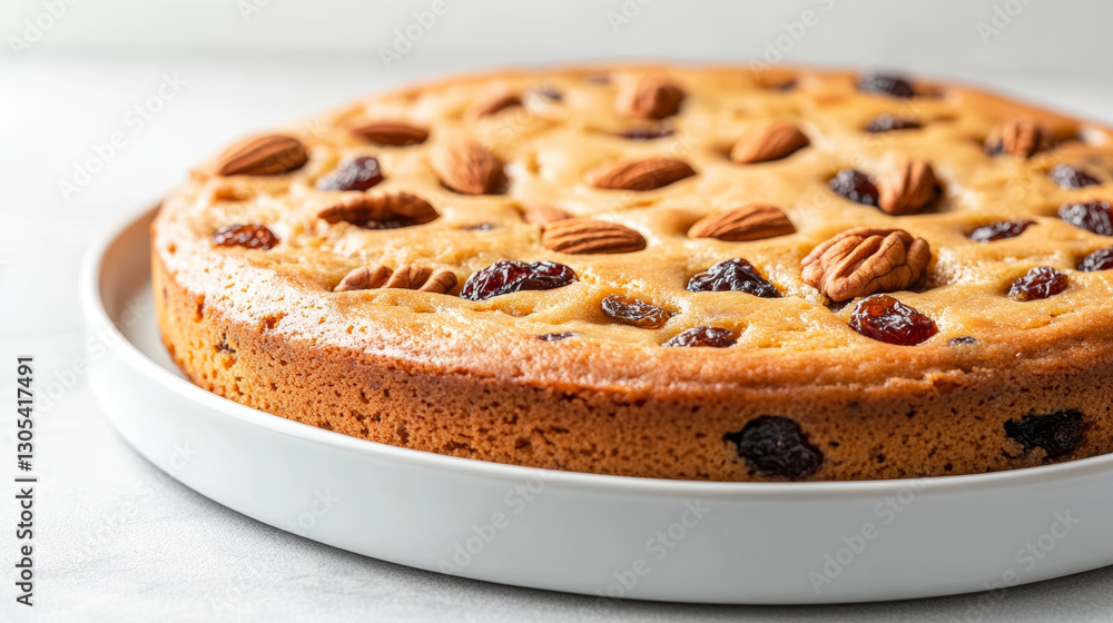 Festive fruitcake loaded with almonds, raisins, pecans, resting on white ceramic plate, showcasing holiday baking tradition Festive fruitcake loaded with almonds, raisins, pecans, resting on white ceramic plate, showcasing holiday baking tradition