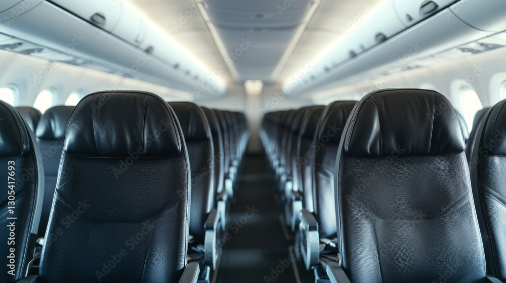 Rows of empty black leather seats with fastened seatbelts in an airplane cabin, creating a sense of anticipation for the upcoming journey